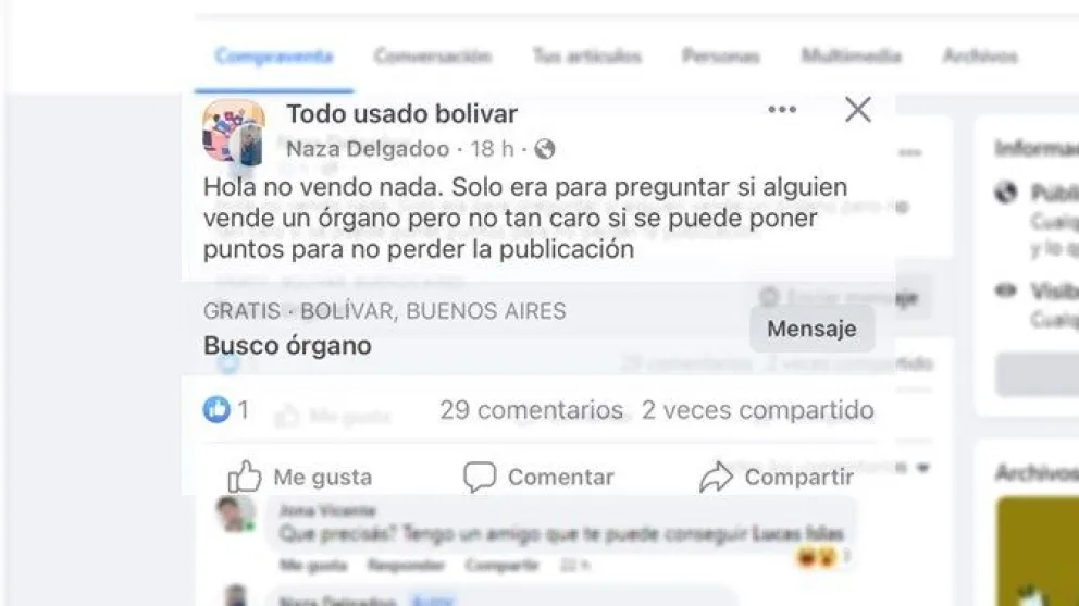 "Busco órgano", la insólita conversación que se generó en un grupo de Facebook y se volvió viral