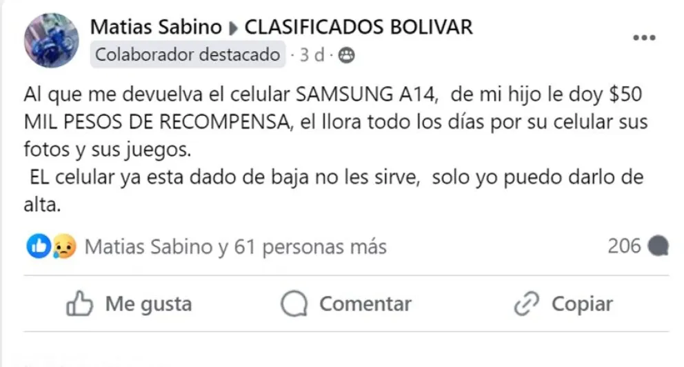Ofrece como recompensa $50 mil y hasta una moto para recuperar el teléfono que perdió su hijo